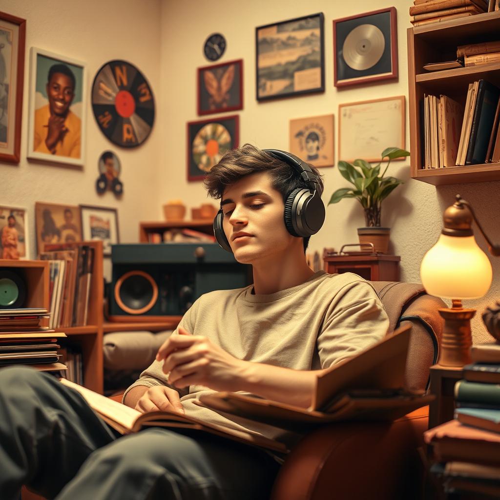 A vibrant youtube thumbnail picture featuring 'lofi men' in a vintage retro style, specifically depicting an adolescent male figure