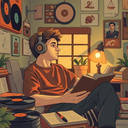 A vibrant youtube thumbnail picture featuring 'lofi men' in a vintage retro style, specifically depicting an adolescent male figure