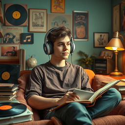 A vibrant youtube thumbnail picture featuring 'lofi men' in a vintage retro style, specifically depicting an adolescent male figure