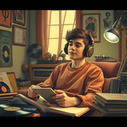 A vibrant youtube thumbnail picture featuring 'lofi men' in a vintage retro style, specifically depicting an adolescent male figure