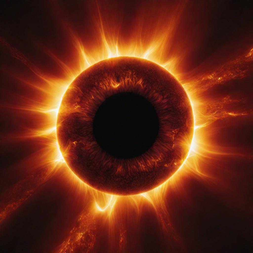 A dramatic representation of human eyes unleashing a spectacular solar flare, resonating immense energy and power.