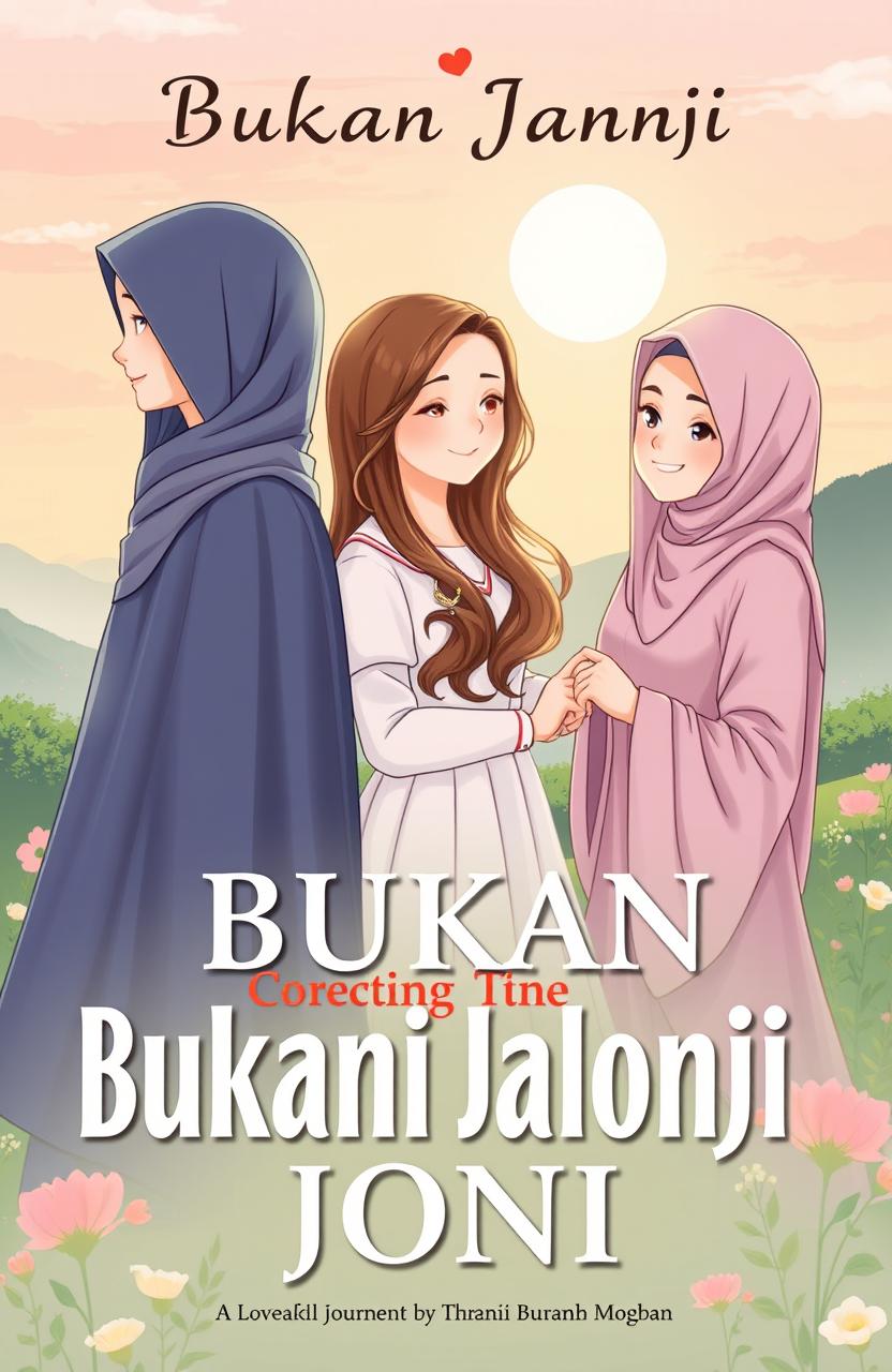 A beautifully illustrated cover for the book titled 'Bukan Janji Joni', depicting the love journey of Joni with three enchanting women: Amel, who is a tall and slender girl wearing a hijab, radiating beauty; Rere, a stunning girl with long, wavy hair, exuding charm; and Vera, a modest girl dressed in a long, elegant hijab and a graceful gamis, representing virtue