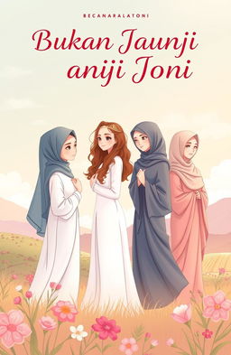 A beautifully illustrated cover for the book titled 'Bukan Janji Joni', depicting the love journey of Joni with three enchanting women: Amel, who is a tall and slender girl wearing a hijab, radiating beauty; Rere, a stunning girl with long, wavy hair, exuding charm; and Vera, a modest girl dressed in a long, elegant hijab and a graceful gamis, representing virtue