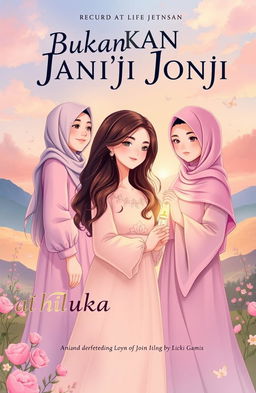 A beautifully illustrated cover for the book titled 'Bukan Janji Joni', depicting the love journey of Joni with three enchanting women: Amel, who is a tall and slender girl wearing a hijab, radiating beauty; Rere, a stunning girl with long, wavy hair, exuding charm; and Vera, a modest girl dressed in a long, elegant hijab and a graceful gamis, representing virtue