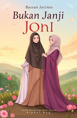 A beautifully illustrated cover for the book titled 'Bukan Janji Joni', depicting the love journey of Joni with three enchanting women: Amel, who is a tall and slender girl wearing a hijab, radiating beauty; Rere, a stunning girl with long, wavy hair, exuding charm; and Vera, a modest girl dressed in a long, elegant hijab and a graceful gamis, representing virtue