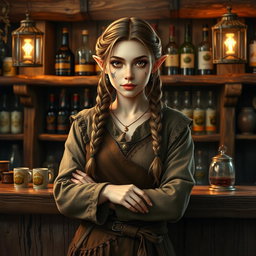 A female half-elf innkeeper, portrayed with a short and sturdy build, hazel eyes, and long braided hair