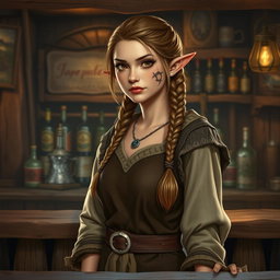 A female half-elf innkeeper, portrayed with a short and sturdy build, hazel eyes, and long braided hair