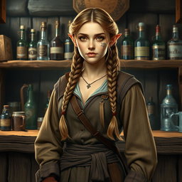 A female half-elf innkeeper, portrayed with a short and sturdy build, hazel eyes, and long braided hair