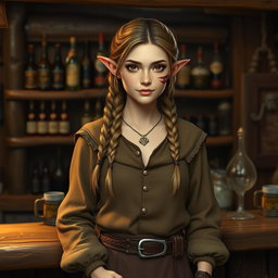 A female half-elf innkeeper, portrayed with a short and sturdy build, hazel eyes, and long braided hair