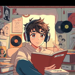 A vibrant youtube thumbnail picture featuring 'lofi adolescent men' in a vintage retro anime style