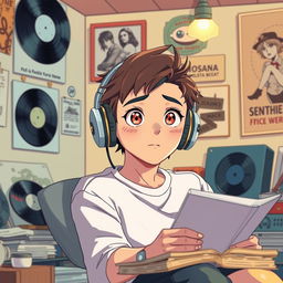 A vibrant youtube thumbnail picture featuring 'lofi adolescent men' in a vintage retro anime style