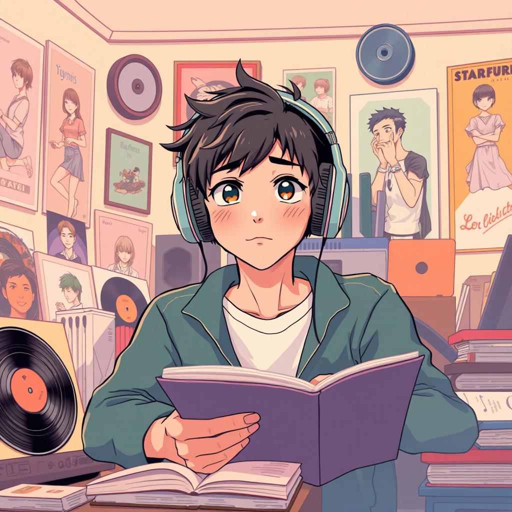 A vibrant youtube thumbnail picture featuring 'lofi adolescent men' in a vintage retro anime style