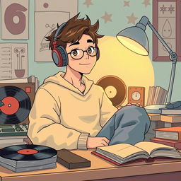 A vibrant youtube thumbnail picture featuring a 'lofi man' around 20 years old in a vintage retro anime style