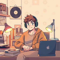 A vibrant youtube thumbnail picture featuring a 'lofi man' around 20 years old in a vintage retro anime style