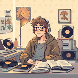 A vibrant youtube thumbnail picture featuring a 'lofi man' around 20 years old in a vintage retro anime style