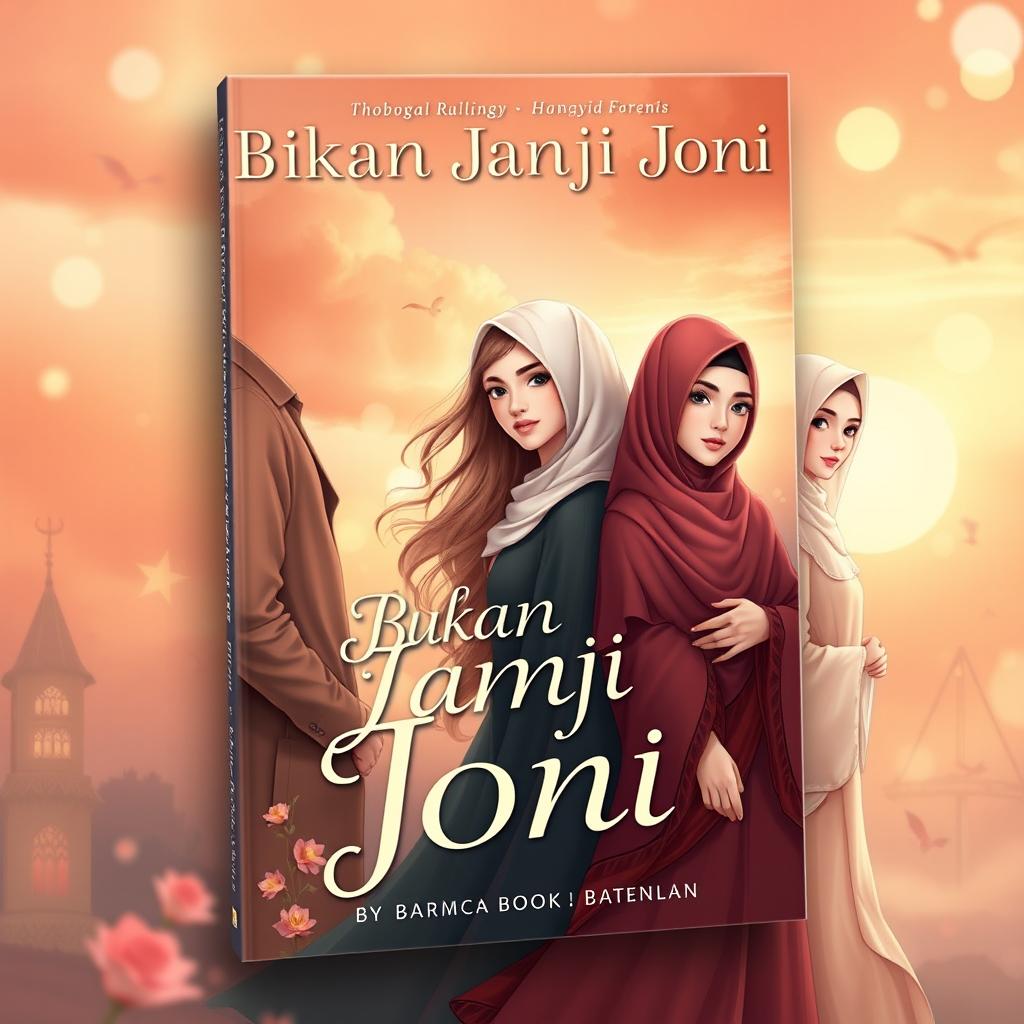 A captivating book cover for 'Bukan Janji Joni', illustrating the romantic journey of Joni, a handsome and righteous young man, alongside three beautiful women: Amel, a tall and slender girl wearing a hijab, embodying grace; Rere, a gorgeous girl with flowing, wavy hair, radiating allure; and Vera, a modest girl dressed in a long and stylish hijab and a graceful gamis, showcasing her piety