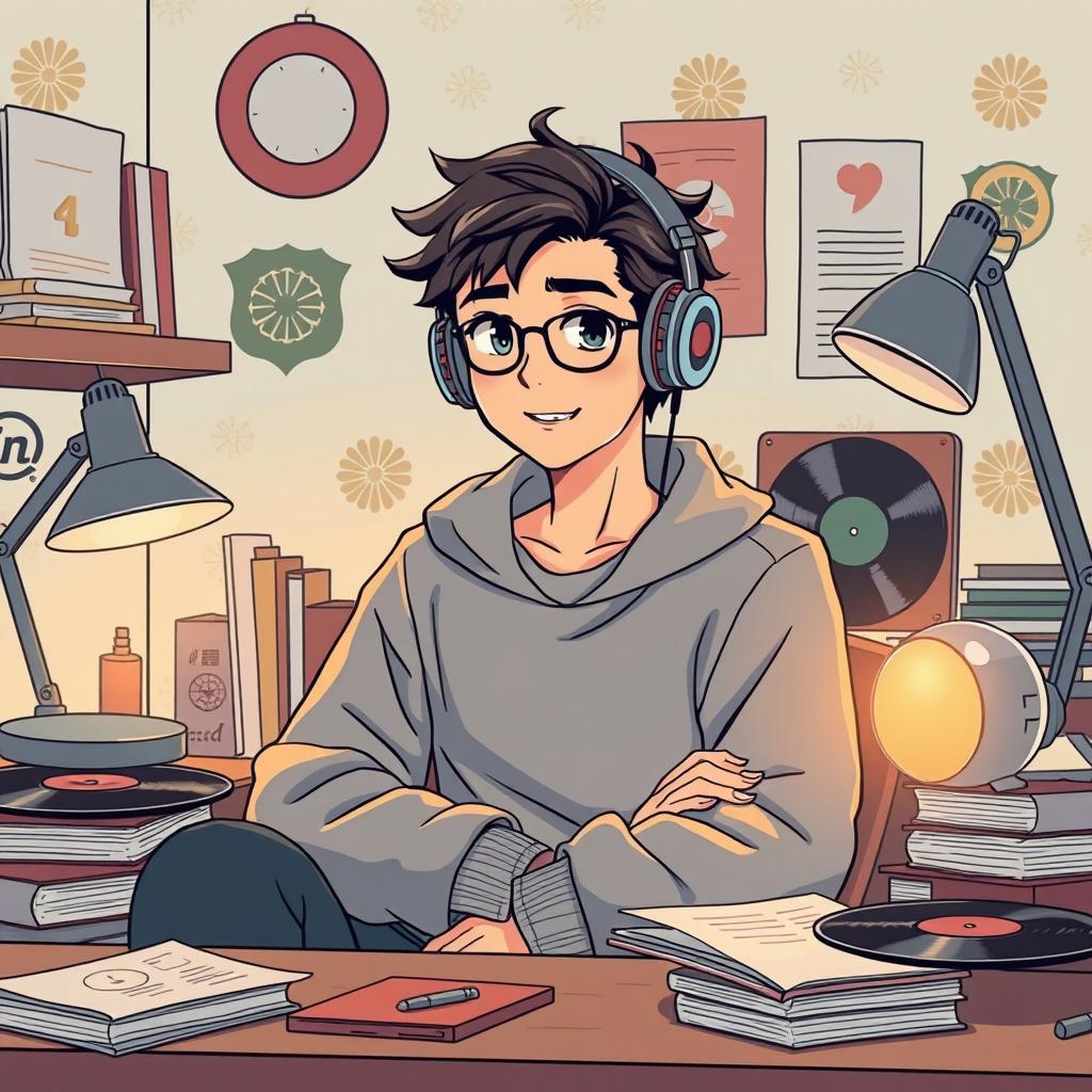 A vibrant youtube thumbnail picture featuring a 'lofi man' around 20 years old in a vintage retro anime style