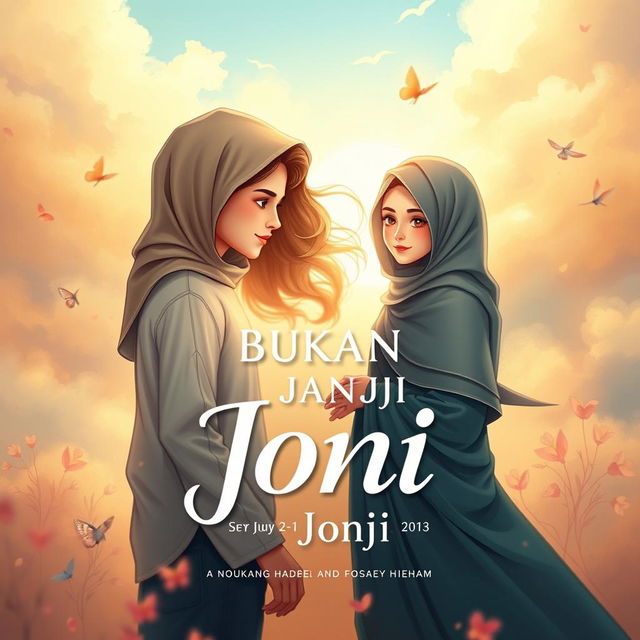 A captivating book cover for 'Bukan Janji Joni', illustrating the romantic journey of Joni, a handsome and righteous young man, alongside three beautiful women: Amel, a tall and slender girl wearing a hijab, embodying grace; Rere, a gorgeous girl with flowing, wavy hair, radiating allure; and Vera, a modest girl dressed in a long and stylish hijab and a graceful gamis, showcasing her piety