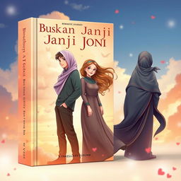 A captivating book cover for 'Bukan Janji Joni', illustrating the romantic journey of Joni, a handsome and righteous young man, alongside three beautiful women: Amel, a tall and slender girl wearing a hijab, embodying grace; Rere, a gorgeous girl with flowing, wavy hair, radiating allure; and Vera, a modest girl dressed in a long and stylish hijab and a graceful gamis, showcasing her piety