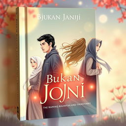 A captivating book cover for 'Bukan Janji Joni', illustrating the romantic journey of Joni, a handsome and righteous young man, alongside three beautiful women: Amel, a tall and slender girl wearing a hijab, embodying grace; Rere, a gorgeous girl with flowing, wavy hair, radiating allure; and Vera, a modest girl dressed in a long and stylish hijab and a graceful gamis, showcasing her piety