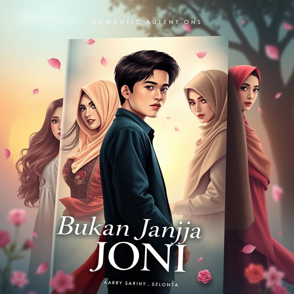 A visually stunning book cover for 'Bukan Janji Joni', showcasing the romantic adventures of Joni, a handsome and righteous young man, surrounded by three captivating women: Amel, a beautiful girl with a slender figure and tall stature, wearing a stylish hijab; Rere, an attractive girl with long, flowing wavy hair, embodying allure; and Vera, a modest girl dressed in a long elegant hijab and a graceful gamis, symbolizing her goodness