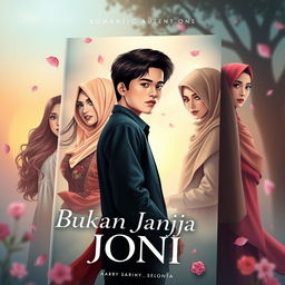 A visually stunning book cover for 'Bukan Janji Joni', showcasing the romantic adventures of Joni, a handsome and righteous young man, surrounded by three captivating women: Amel, a beautiful girl with a slender figure and tall stature, wearing a stylish hijab; Rere, an attractive girl with long, flowing wavy hair, embodying allure; and Vera, a modest girl dressed in a long elegant hijab and a graceful gamis, symbolizing her goodness