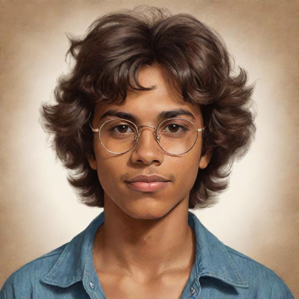 A brown-skinned Latino teen boy from the 70s, with brown eyes, messy hair, and glasses. Illustrated in a vintage drawing style reflecting his ethnicity and the era's distinct aesthetic.