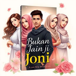 A visually stunning book cover for 'Bukan Janji Joni', showcasing the romantic adventures of Joni, a handsome and righteous young man, surrounded by three captivating women: Amel, a beautiful girl with a slender figure and tall stature, wearing a stylish hijab; Rere, an attractive girl with long, flowing wavy hair, embodying allure; and Vera, a modest girl dressed in a long elegant hijab and a graceful gamis, symbolizing her goodness