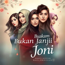 A visually stunning book cover for 'Bukan Janji Joni', showcasing the romantic adventures of Joni, a handsome and righteous young man, surrounded by three captivating women: Amel, a beautiful girl with a slender figure and tall stature, wearing a stylish hijab; Rere, an attractive girl with long, flowing wavy hair, embodying allure; and Vera, a modest girl dressed in a long elegant hijab and a graceful gamis, symbolizing her goodness