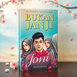 A visually stunning book cover for 'Bukan Janji Joni', showcasing the romantic adventures of Joni, a handsome and righteous young man, surrounded by three captivating women: Amel, a beautiful girl with a slender figure and tall stature, wearing a stylish hijab; Rere, an attractive girl with long, flowing wavy hair, embodying allure; and Vera, a modest girl dressed in a long elegant hijab and a graceful gamis, symbolizing her goodness