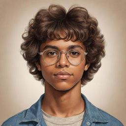 A brown-skinned Latino teen boy from the 70s, with brown eyes, messy hair, and glasses. Illustrated in a vintage drawing style reflecting his ethnicity and the era's distinct aesthetic.