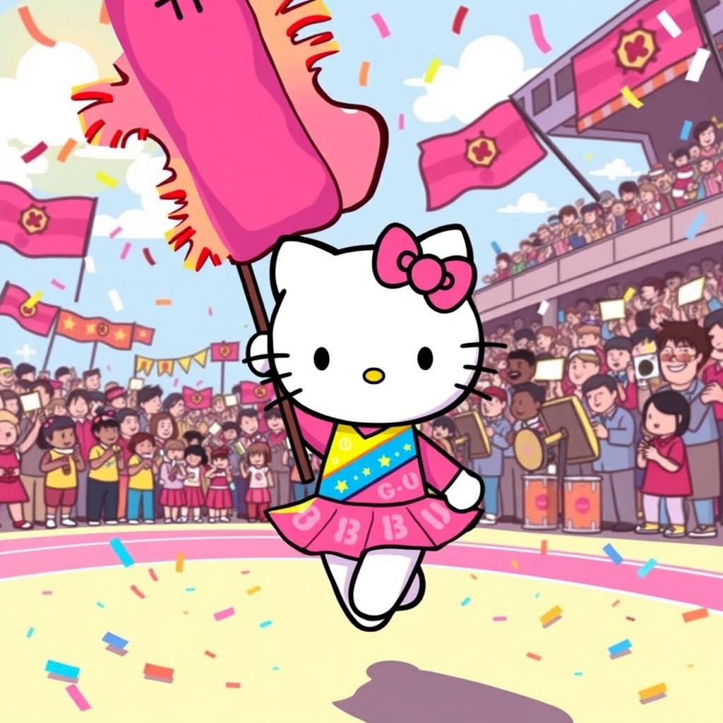 A playful and vibrant illustration featuring Hello Kitty as a colorguard member