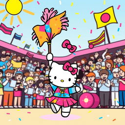 A playful and vibrant illustration featuring Hello Kitty as a colorguard member