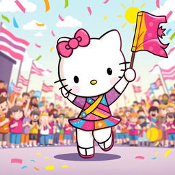 A playful and vibrant illustration featuring Hello Kitty as a colorguard member