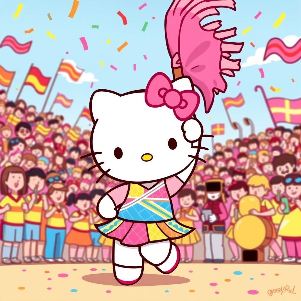 A playful and vibrant illustration featuring Hello Kitty as a colorguard member