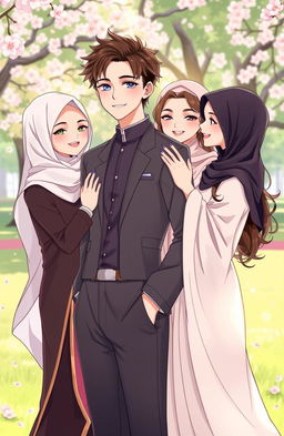 A romantic illustration depicting the character Joni, a handsome and pious young man surrounded by three beautiful women representing Amel, Rere, and Vera