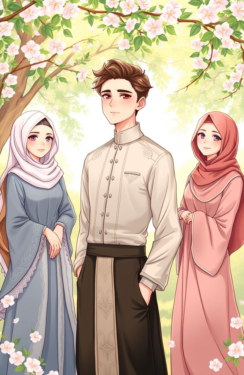 A romantic illustration depicting the character Joni, a handsome and pious young man surrounded by three beautiful women representing Amel, Rere, and Vera