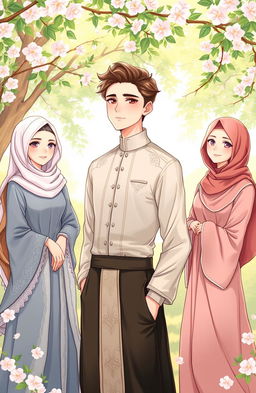 A romantic illustration depicting the character Joni, a handsome and pious young man surrounded by three beautiful women representing Amel, Rere, and Vera