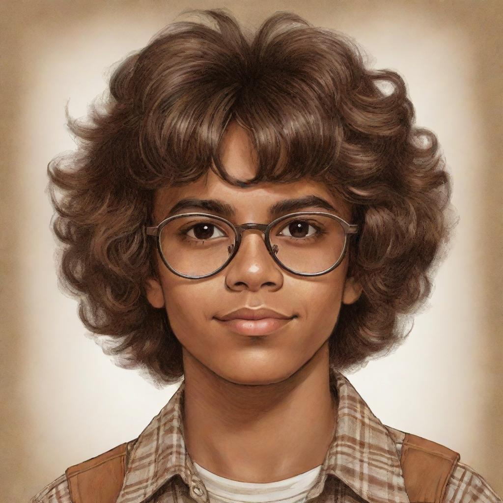 A brown-skinned Latino teen boy from the 70s, with brown eyes, messy hair, and glasses. Illustrated in a vintage drawing style reflecting his ethnicity and the era's distinct aesthetic.