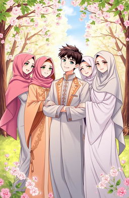 A romantic illustration depicting the character Joni, a handsome and pious young man surrounded by three beautiful women representing Amel, Rere, and Vera