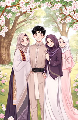 A romantic illustration depicting the character Joni, a handsome and pious young man surrounded by three beautiful women representing Amel, Rere, and Vera