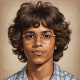 A brown-skinned Latino teen boy from the 70s, with brown eyes, messy hair, and glasses. Illustrated in a vintage drawing style reflecting his ethnicity and the era's distinct aesthetic.