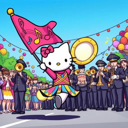 A vibrant and energetic illustration of Hello Kitty participating in a ColorGuard performance alongside a marching band