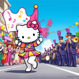 A vibrant and energetic illustration of Hello Kitty participating in a ColorGuard performance alongside a marching band