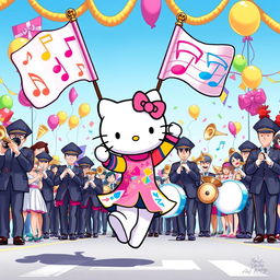 A vibrant and energetic illustration of Hello Kitty participating in a ColorGuard performance alongside a marching band