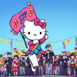 A vibrant and energetic illustration of Hello Kitty participating in a ColorGuard performance alongside a marching band