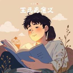 An album cover designed in a Ghibli-style, featuring a 20-year-old man with a relaxed expression, surrounded by a cozy, whimsical environment