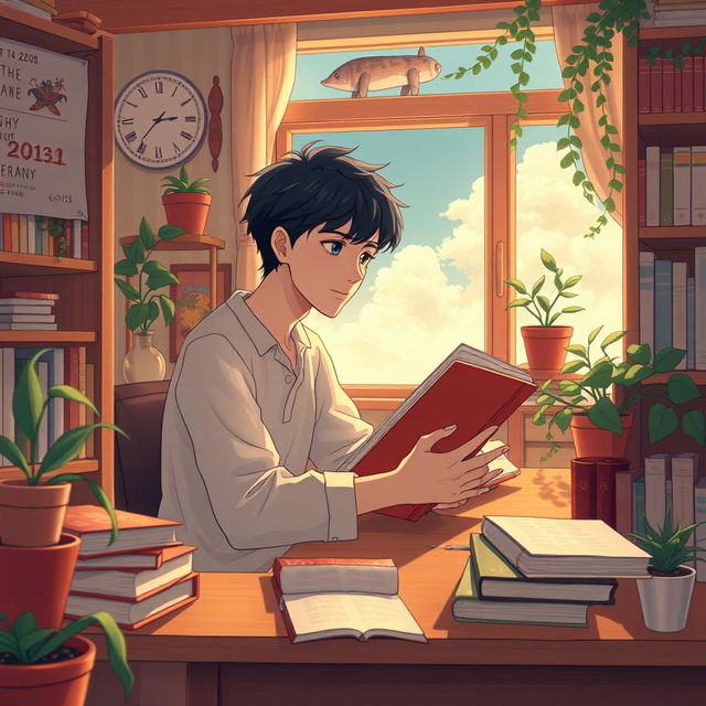 An album cover designed in a Ghibli-style, featuring a 20-year-old man in a cozy study environment