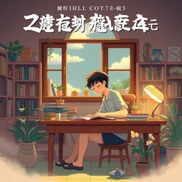 An album cover designed in a Ghibli-style, featuring a 20-year-old man in a cozy study environment