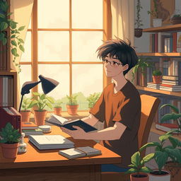 An album cover designed in a Ghibli-style, featuring a 20-year-old man in a cozy study environment